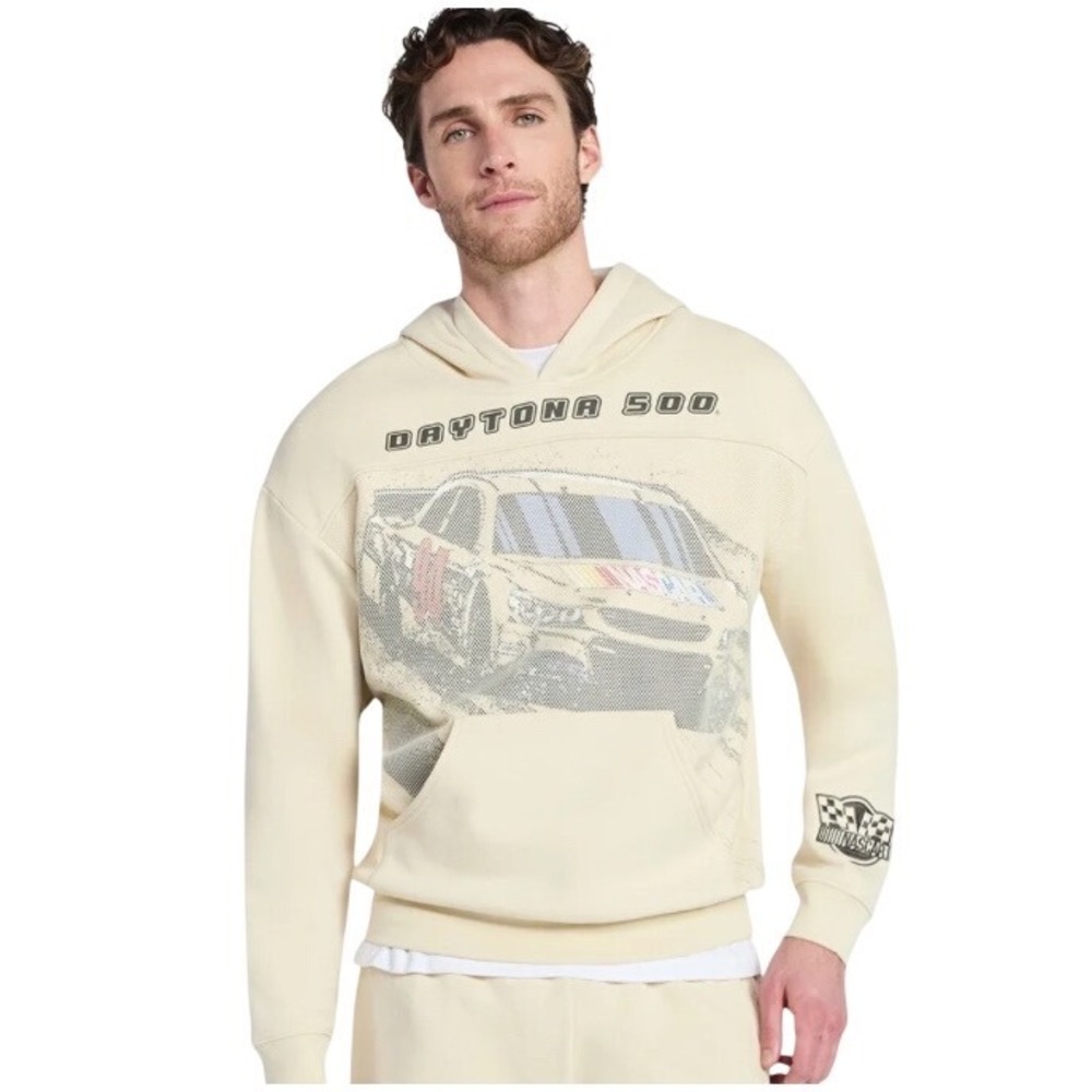 NWT NASCAR Daytona 500 Graphic Hoodie Lt Birch Cream N1SN520 Mens Sweatshirt